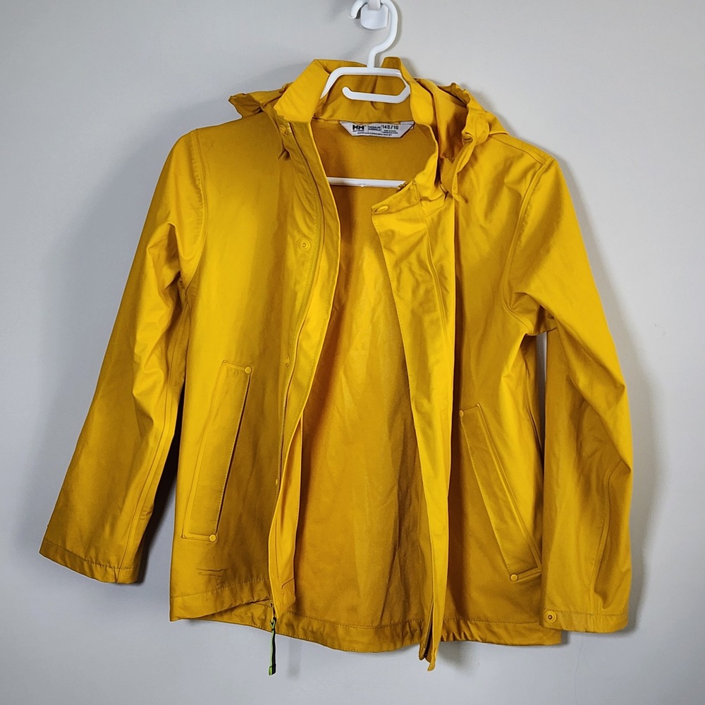 Helly Hansen Rain Jacket Kids 140 Age 10 Yellow Hooded Waterproof Raincoat Boy